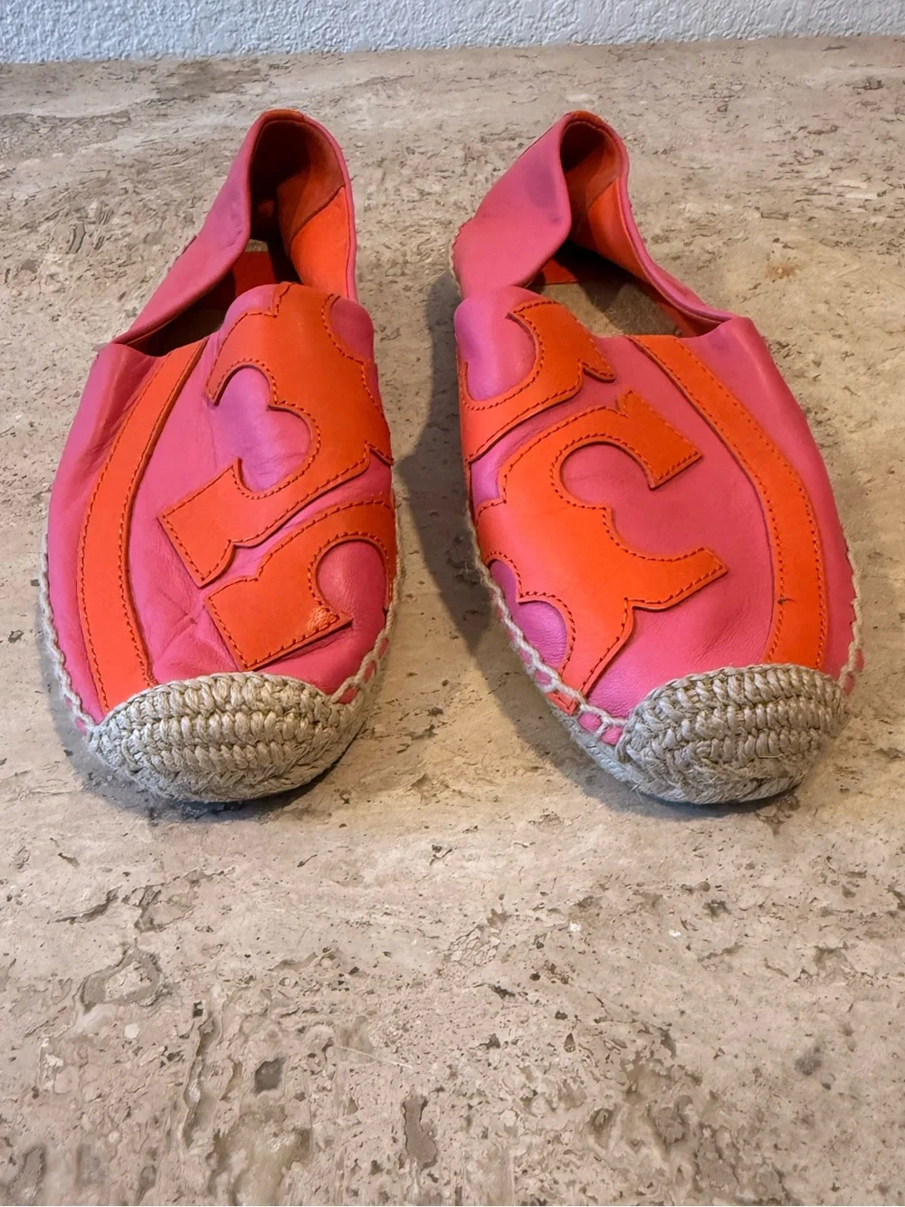 TORY BURCH Pink and Orange Leather Espadrille Flats